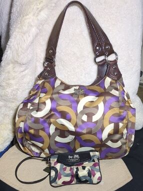 Coach Multicolor Chain-Print Hobo Bag w/ Brown Leather Straps & Wristlet